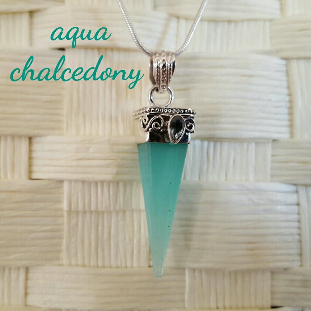 Aqua Chalcedony Point Necklace Sterling